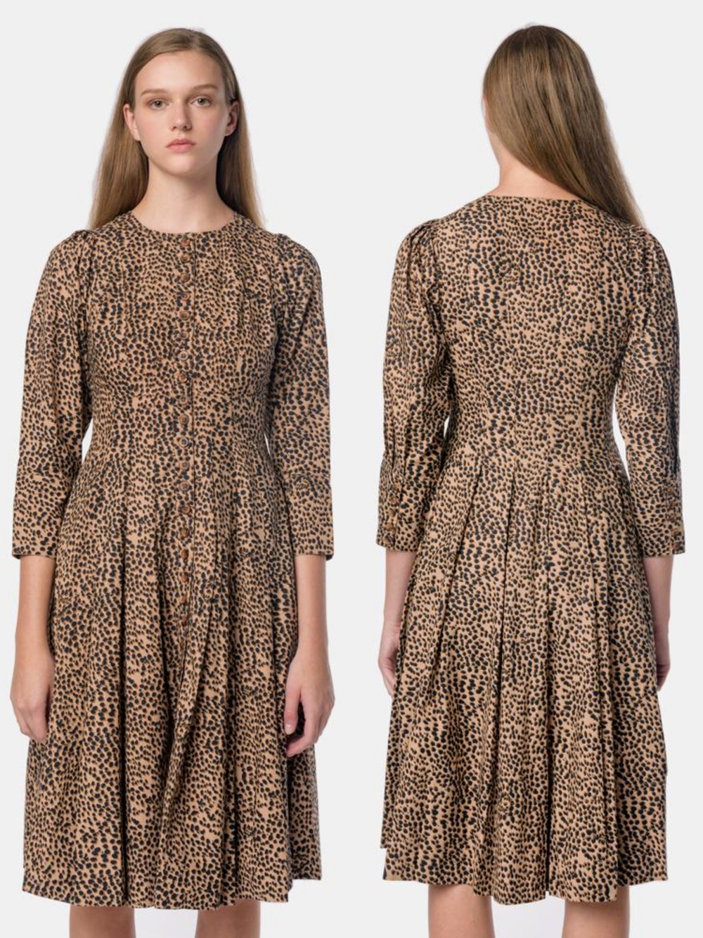 Ulla Johnson Dress Womens 4 Brown Cheetah  Cotton Poplin Pockets Midi Boho Chic